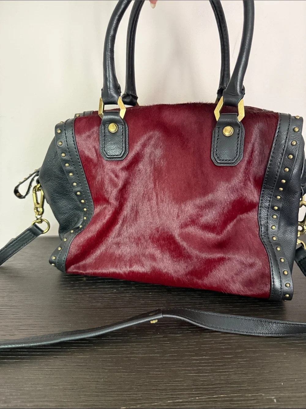 orYANY Burgundy Faux-Hair Satchel with Black Leather & Gold Hardware